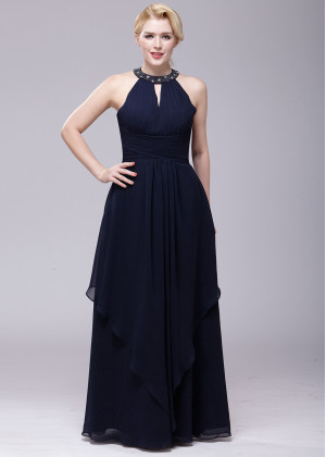 Beaded Halter Neck Navy Blue Chiffon Long Bridesmaid Dress